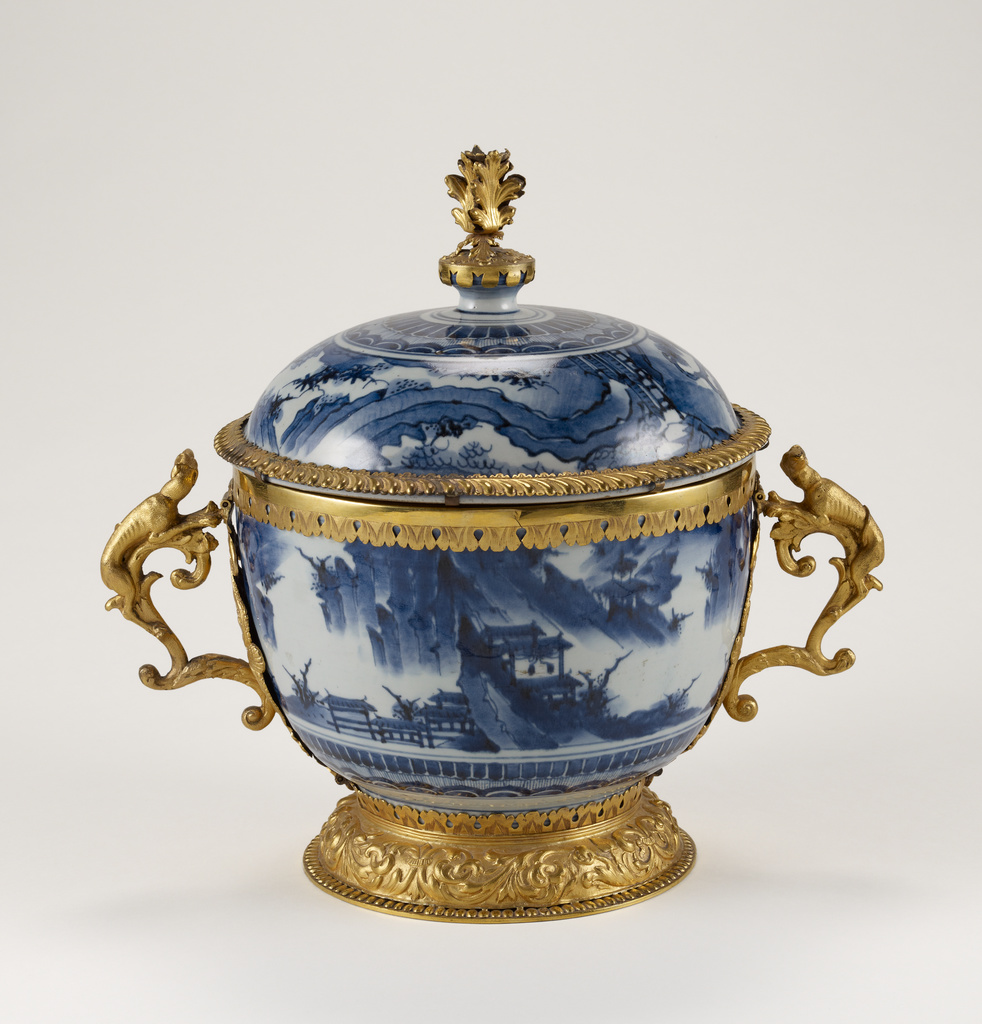 One pair of lidded and mounted bowls; Mounts attributed to Wolfgang Howzer (Swiss, active 1660 - about 1688); porcelain about 1660–1680; mounts about 1680; Porcelain and underglaze blue decoration; gilt-bronze mounts; 34.4 × 38.1 × 25.6 cm (13 9/16 × 15 × 10 1/16 in.); 85.DI.178.1; Rights Statement: No Copyright - United States One pair of lidded and mounted bowls; Mounts attributed to Wolfgang Howzer (Swiss, active 1660 - about 1688); porcelain about 1660–1680; mounts about 1680; Porcelain and underglaze blue decoration; gilt-bronze mounts; 34.4 × 38.1 × 25.6 cm (13 9/16 × 15 × 10 1/16 in.); 85.DI.178.1; Rights Statement: No Copyright - United States