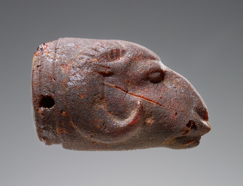 Pendant: Ram's Head; Unknown; 500–400 B.C.; Amber; 20 × 19 × 30 mm (13/16 × 3/4 × 1 3/16 in.); 77.AO.81.14; Gift of Gordon McLendon; Rights Statement: No Copyright - United States Pendant: Ram's Head; Unknown; 500–400 B.C.; Amber; 20 × 19 × 30 mm (13/16 × 3/4 × 1 3/16 in.); 77.AO.81.14; Gift of Gordon McLendon; Rights Statement: No Copyright - United States