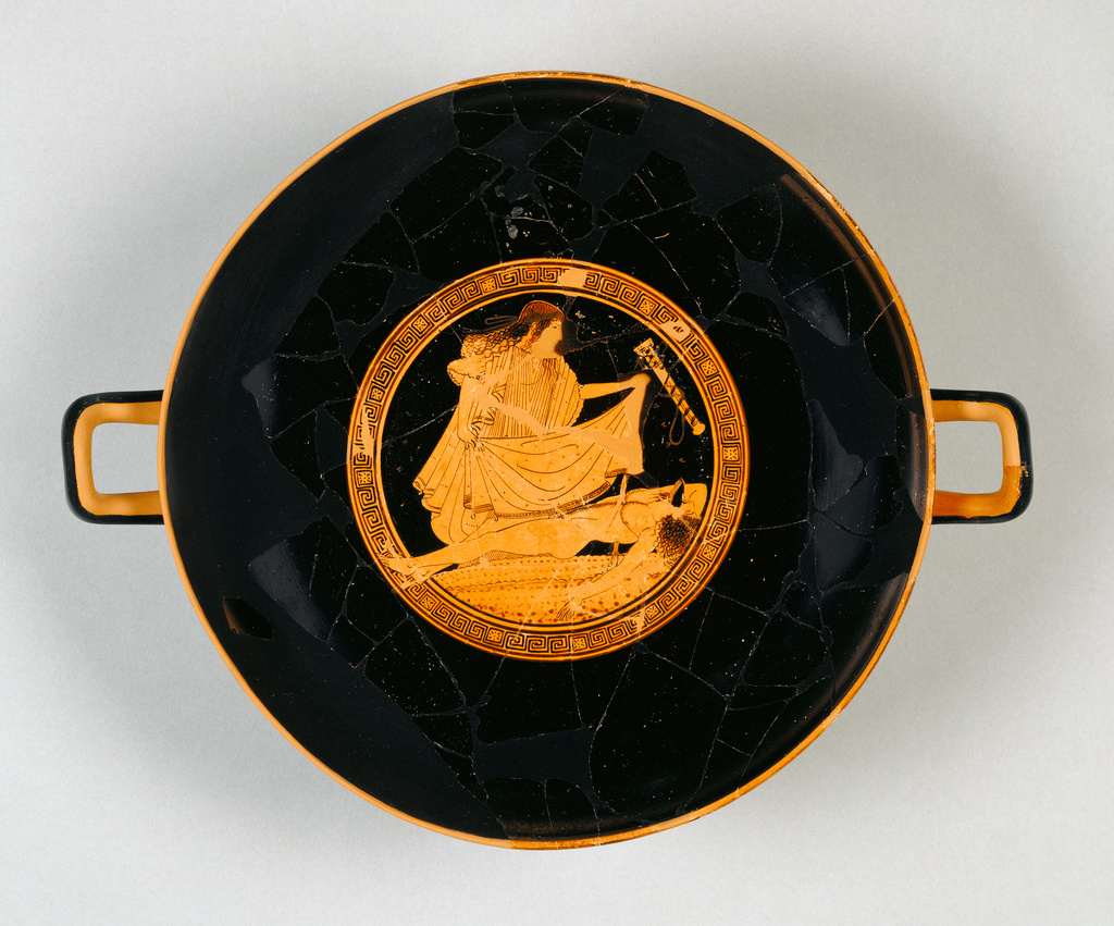 Attic Red-Figured Kylix; Attributed to Brygos Painter (Greek (Attic), active about 490 - 470 B.C.); Athens, Greece; about 490 B.C.; Terracotta; 11.2 x 31.4 cm (4 7/16 x 12 3/8 in.); 86.AE.286 No description of this image is available.