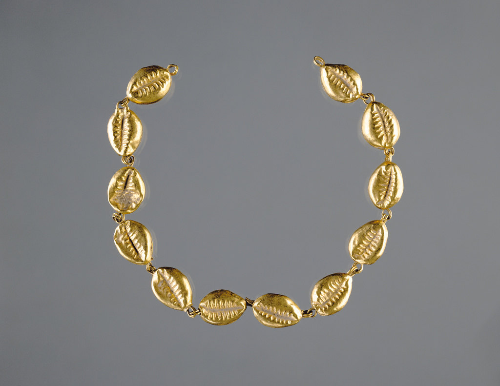 Gold Beads in the Shape of Cowrie Shells; Unknown; Egypt; 225–175 B.C.; Gold; 17 × 1.5 × 1.5 cm (6 11/16 × 9/16 × 9/16 in.); 92.AM.8.11 No description of this image is available.