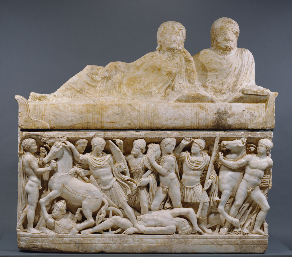 Sarcophagus with lid and 4 unjoined fragments; Unknown maker, made in an Attic workshop; Athens, Greece; 180 - 220; Marble; 134 x 211 x 147 cm (52 3/4 x 83 1/16 x 57 7/8 in.); 95.AA.80 No description of this image is available.
