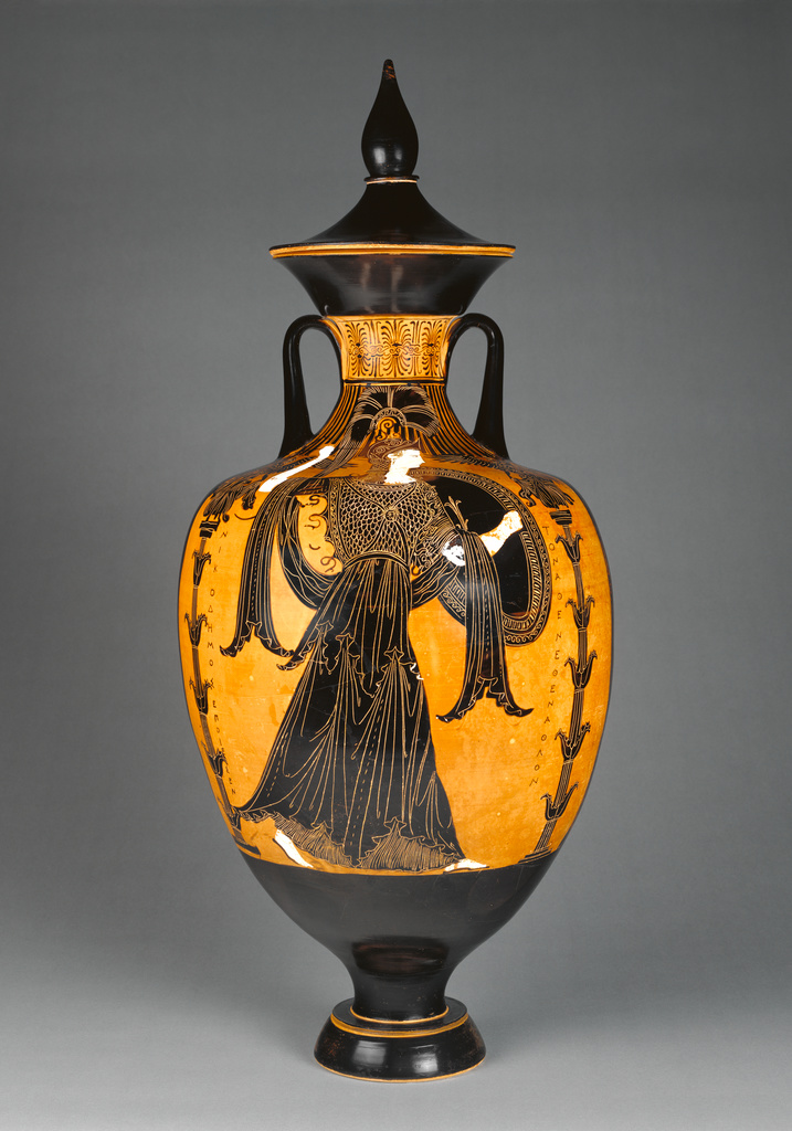 Panathenaic Prize Amphora with Lid; Attributed to the Painter of the Wedding Procession (Greek (Attic), active about 362 B.C.), Signed by Nikodemos (Greek (Attic), active about 362 B.C.); 363–362 B.C.; Terracotta; 89.5 cm (35 1/4 in.); 93.AE.55; Rights Statement: No Copyright - United States Panathenaic Prize Amphora with Lid; Attributed to the Painter of the Wedding Procession (Greek (Attic), active about 362 B.C.), Signed by Nikodemos (Greek (Attic), active about 362 B.C.); 363–362 B.C.; Terracotta; 89.5 cm (35 1/4 in.); 93.AE.55; Rights Statement: No Copyright - United States