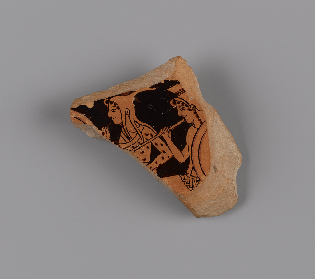Red-Figure Volute Krater Fragment; Attributed to Kleophrades Painter (Greek (Attic), active 505 - 475 B.C.); about 490 B.C.; Terracotta; 6.5 × 5.2 × 1.3 cm (2 9/16 × 2 1/16 × 1/2 in.); 97.AE.58.2; Rights Statement: No Copyright - United States Red-Figure Volute Krater Fragment; Attributed to Kleophrades Painter (Greek (Attic), active 505 - 475 B.C.); about 490 B.C.; Terracotta; 6.5 × 5.2 × 1.3 cm (2 9/16 × 2 1/16 × 1/2 in.); 97.AE.58.2; Rights Statement: No Copyright - United States