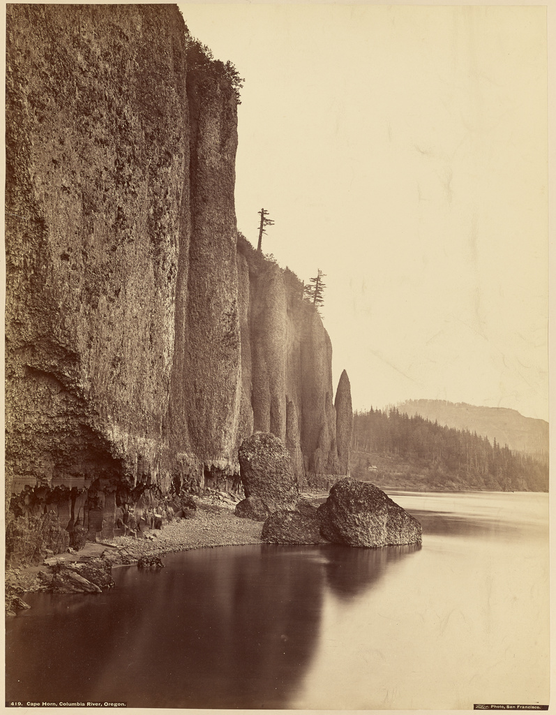 Cape Horn, Columbia River, Oregon.; Carleton Watkins (American, 1829 - 1916), I.W. Taber (American, 1830 - 1912); negative 1867; print 1881 - 1886; Albumen silver print; 52.1 × 40.5 cm (20 1/2 × 15 15/16 in.); 84.XM.493.23 No description of this image is available.