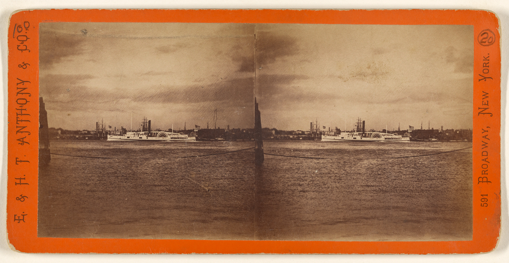View of the East River, showing the steamer "City of Boston" under way. (Getty Museum)
