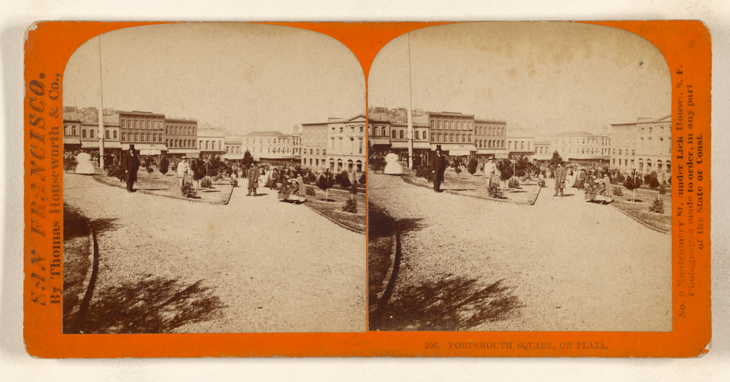 Portsmouth Square, or Plaza.; Thomas Houseworth & Company; about 1870; Albumen silver print; 84.XC.979.7373; Gift of Weston J. and Mary M. Naef No description of this image is available.