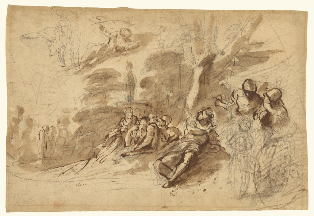 Iris appearing to Turnus; study of a Helmet (recto); Alternative design for the recto composition (verso); Pier Francesco Mola (Italian, 1612 - 1666); 1658 - 1659; Brush and brown ink over black chalk; (verso) black chalk; 26.4 x 39.4 cm (10 3/8 x 15 1/2 in.); 96.GA.330 No description of this image is available.