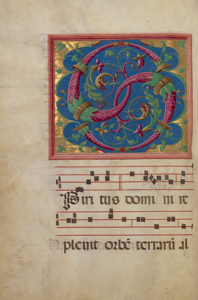 Decorated Initial S; Unknown; Rome, Lazio, Italy; late 15th or early 16th century; Tempera colors, gold leaf, and ink on parchment bound between original wood boards covered with brown leather; Leaf: 64.1 x 43.5 cm (25 1/4 x 17 1/8 in.); Ms. Ludwig VI 3, fol. 62v No description of this image is available.