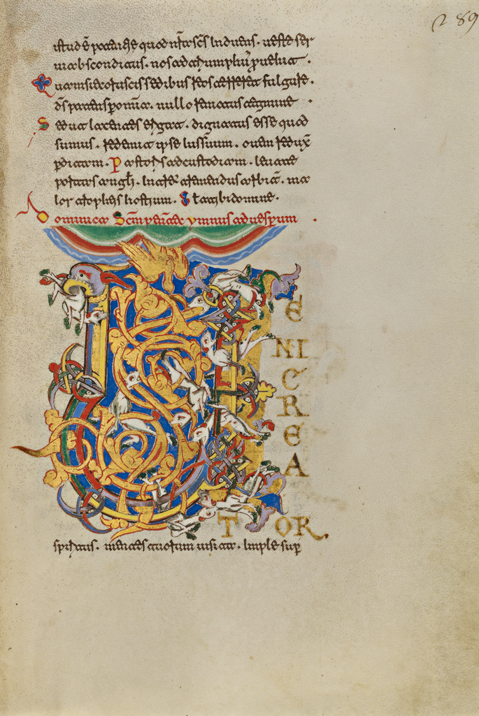 Initial V: The Descent of the Holy Spirit; Unknown; Montecassino, Italy, Europe; 1153; Tempera colors, gold leaf, gold paint, and ink on parchment; Leaf: 19.2 × 13.2 cm (7 9/16 × 5 3/16 in.); Ms. Ludwig IX 1, fol. 289 No description of this image is available.