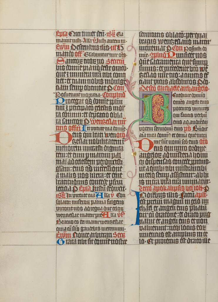 Decorated Initial B; Master Michael (Austrian, active about 1420 until the mid-15th century); about 1420 - 1430; Tempera colors, gold leaf, and ink on parchment; Leaf: 41.9 × 31 cm (16 1/2 × 12 3/16 in.); Ms. Ludwig V 6 (83.MG.81), fol. 246v; Rights Statement: No Copyright - United States Decorated Initial B; Master Michael (Austrian, active about 1420 until the mid-15th century); about 1420 - 1430; Tempera colors, gold leaf, and ink on parchment; Leaf: 41.9 × 31 cm (16 1/2 × 12 3/16 in.); Ms. Ludwig V 6 (83.MG.81), fol. 246v; Rights Statement: No Copyright - United States