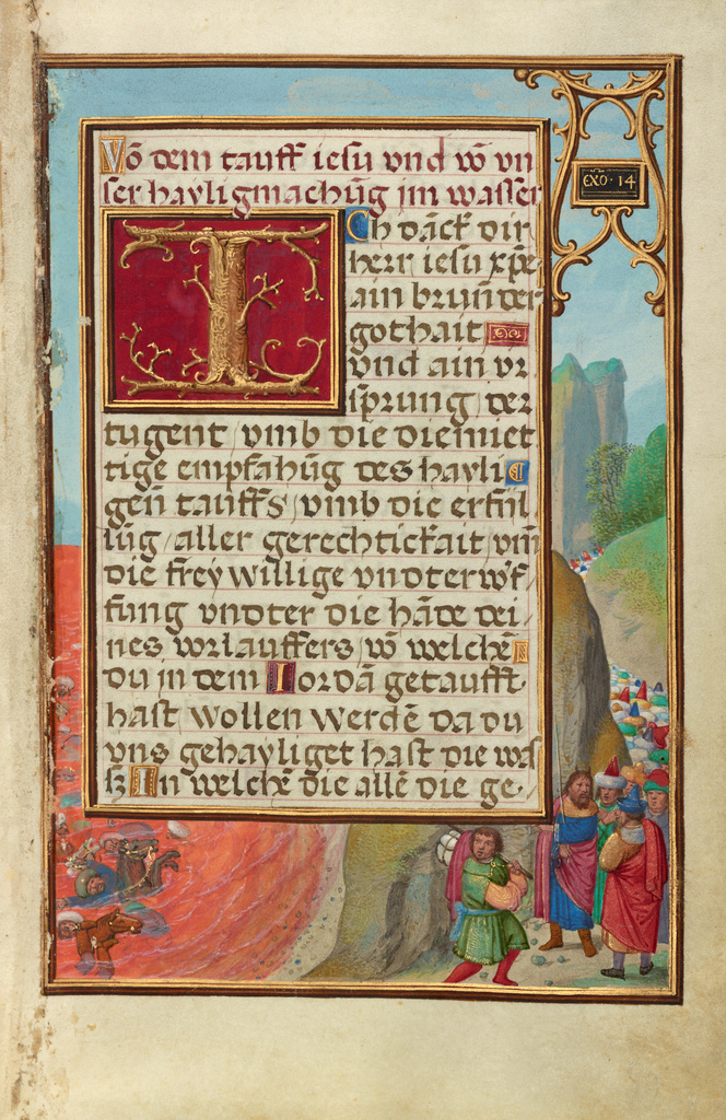 Border with the Crossing of the Red Sea; Simon Bening (Flemish, about 1483 - 1561); about 1525 - 1530; Tempera colors, gold paint, and gold leaf on parchment; Leaf: 16.8 × 11.4 cm (6 5/8 × 4 1/2 in.); Ms. Ludwig IX 19 (83.ML.115), fol. 59; Rights Statement: No Copyright - United States Border with the Crossing of the Red Sea; Simon Bening (Flemish, about 1483 - 1561); about 1525 - 1530; Tempera colors, gold paint, and gold leaf on parchment; Leaf: 16.8 × 11.4 cm (6 5/8 × 4 1/2 in.); Ms. Ludwig IX 19 (83.ML.115), fol. 59; Rights Statement: No Copyright - United States