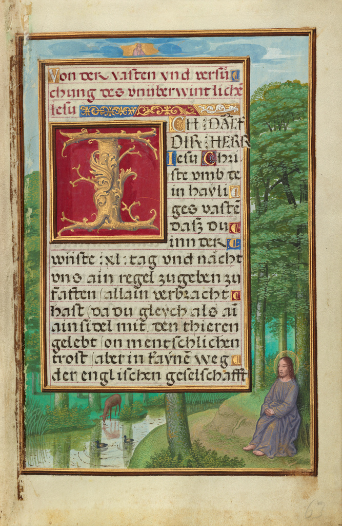 Border with Christ in the Wilderness; Simon Bening (Flemish, about 1483 - 1561); Bruges, Belgium; about 1525 - 1530; Tempera colors, gold paint, and gold leaf on parchment; Leaf: 16.8 x 11.4 cm (6 5/8 x 4 1/2 in.); Ms. Ludwig IX 19, fol. 63 No description of this image is available.