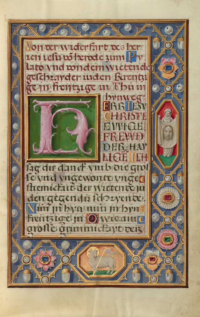 Decorated Text Page; Unknown; Bruges, Belgium, Europe; about 1525 - 1530; Tempera colors, gold paint, and gold leaf on parchment; Leaf: 16.8 × 11.4 cm (6 5/8 × 4 1/2 in.); Ms. Ludwig IX 19, fol. 148 No description of this image is available.