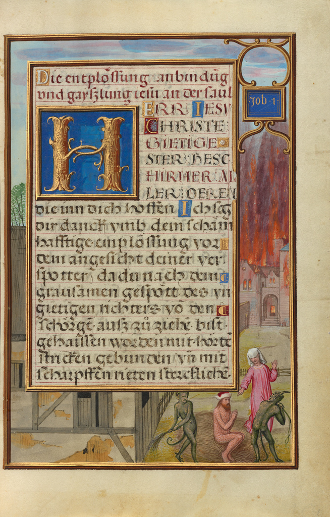 Border with Job Mocked by His Wife and Tormented by Two Devils; Simon Bening (Flemish, about 1483 - 1561); Bruges, Belgium; about 1525 - 1530; Tempera colors, gold paint, and gold leaf on parchment; Leaf: 16.8 x 11.4 cm (6 5/8 x 4 1/2 in.); Ms. Ludwig IX 19, fol. 155 No description of this image is available.