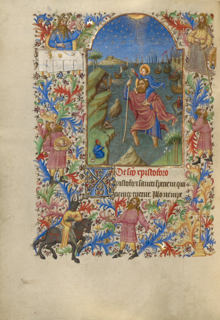 Saint Christopher Carrying the Christ Child; Spitz Master (French, active about 1415 - 1425); Paris, France; about 1420; Tempera colors, gold, and ink on parchment; Leaf: 20.2 x 14.9 cm (7 15/16 x 5 7/8 in.); Ms. 57, fol. 42v No description of this image is available.