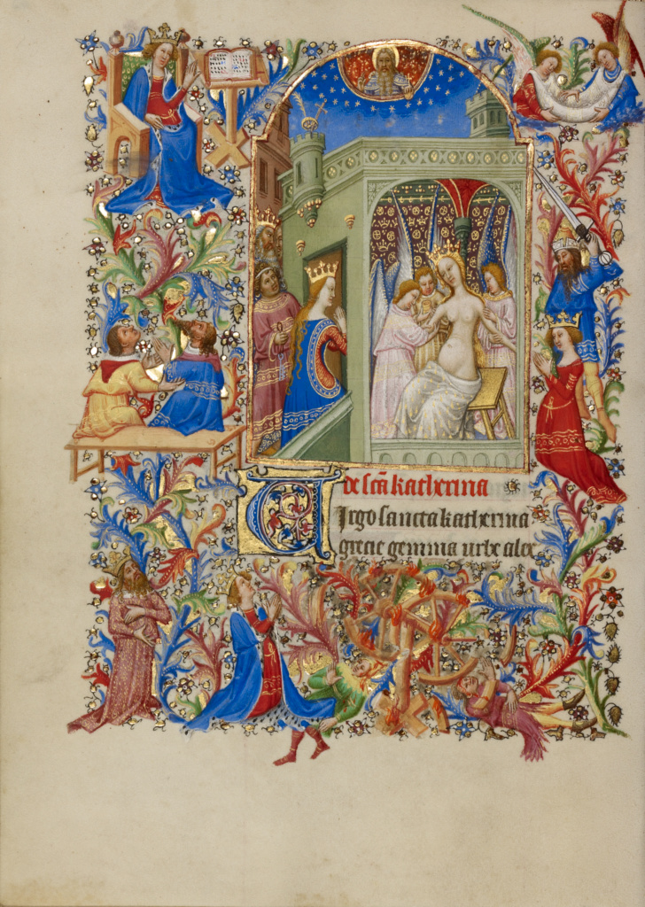 Saint Catherine Tended by Angels; Spitz Master (French, active about 1415 - 1425); Paris, France, Europe; about 1420; Tempera colors, gold, and ink on parchment; Leaf: 20.2 × 14.9 cm (7 15/16 × 5 7/8 in.); Ms. 57, fol. 45v No description of this image is available.