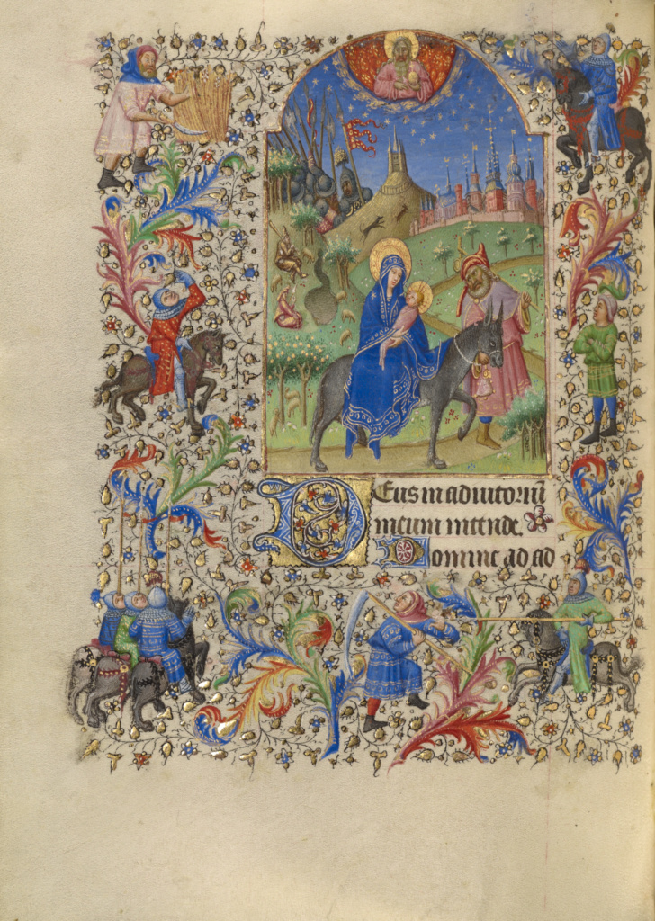 The Flight into Egypt; Spitz Master (French, active about 1415 - 1425); Paris, France; about 1420; Tempera colors, gold, and ink on parchment; Leaf: 20.2 x 14.9 cm (7 15/16 x 5 7/8 in.); Ms. 57, fol. 103v No description of this image is available.
