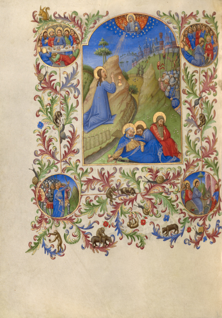 The Agony in the Garden; Spitz Master (French, active about 1415 - 1425); Paris, France; about 1420; Tempera colors, gold, and ink on parchment; Leaf: 20.2 × 14.9 cm (7 15/16 × 5 7/8 in.); Ms. 57, fol. 169v No description of this image is available.