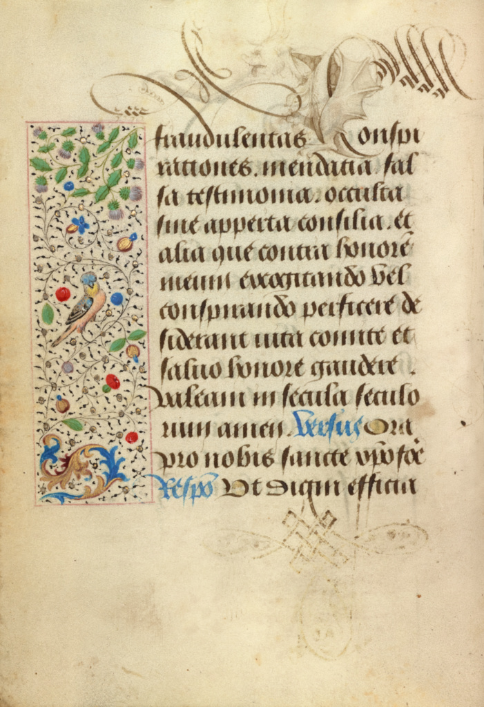 Decorated Text Page; Nicolas Spierinc (Flemish, active 1455 - 1499); Antwerp (illuminated) Belgium Ghent (written) Belgium; 1469; Tempera colors, gold leaf, gold paint, silver paint, and ink on parchment; Leaf: 12.4 x 9.2 cm (4 7/8 x 3 5/8 in.); Ms. 37, fol. 27v No description of this image is available.