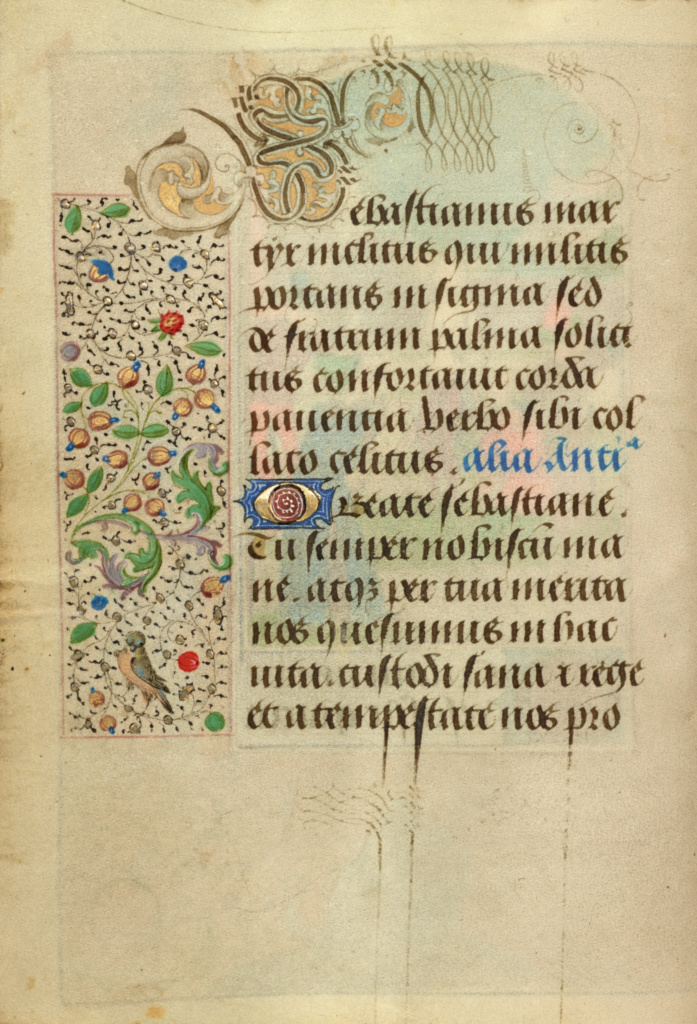 Decorated Text Page; Nicolas Spierinc (Flemish, active 1455 - 1499); Antwerp (illuminated) Belgium Ghent (written) Belgium; 1469; Tempera colors, gold leaf, gold paint, silver paint, and ink on parchment; Leaf: 12.4 x 9.2 cm (4 7/8 x 3 5/8 in.); Ms. 37, fol. 29v No description of this image is available.