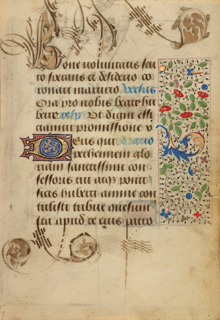 Decorated Text Page; Nicolas Spierinc (Flemish, active 1455 - 1499); Antwerp (illuminated) Belgium Ghent (written) Belgium; 1469; Tempera colors, gold leaf, gold paint, silver paint, and ink on parchment; Leaf: 12.4 x 9.2 cm (4 7/8 x 3 5/8 in.); Ms. 37, fol. 40 No description of this image is available.