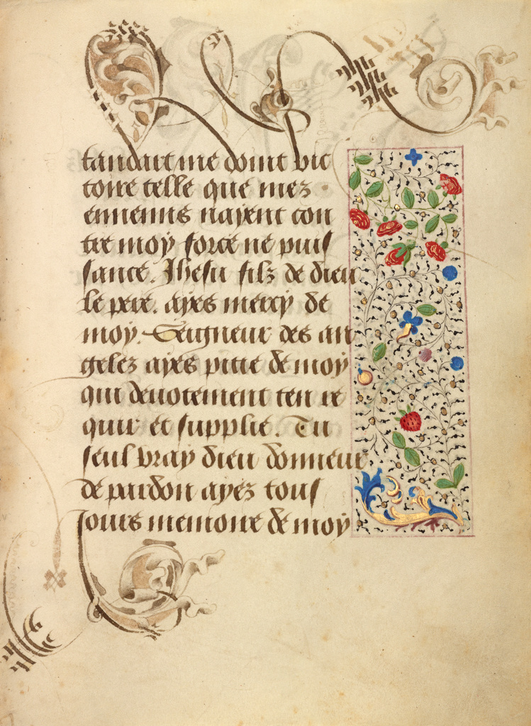 Decorated Text Page; Nicolas Spierinc (Flemish, active 1455 - 1499); Antwerp (illuminated) Belgium Ghent (written) Belgium; 1469; Tempera colors, gold leaf, gold paint, silver paint, and ink on parchment; Leaf: 12.4 x 9.2 cm (4 7/8 x 3 5/8 in.); Ms. 37, fol. 65 No description of this image is available.