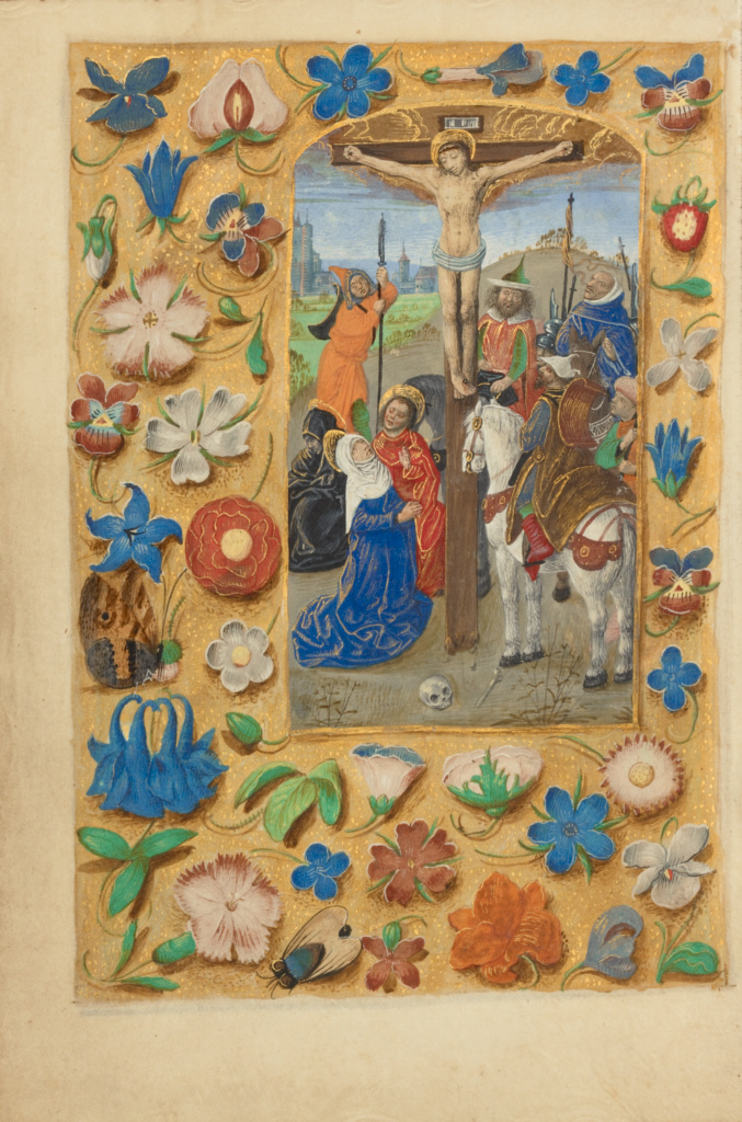 The Crucifixion; Master of the Dresden Prayer Book or workshop (Flemish, active about 1480 - 1515); Bruges, Belgium; about 1480 - 1485 ?; Tempera colors and gold on parchment; Ms. 23, fol. 13v No description of this image is available.