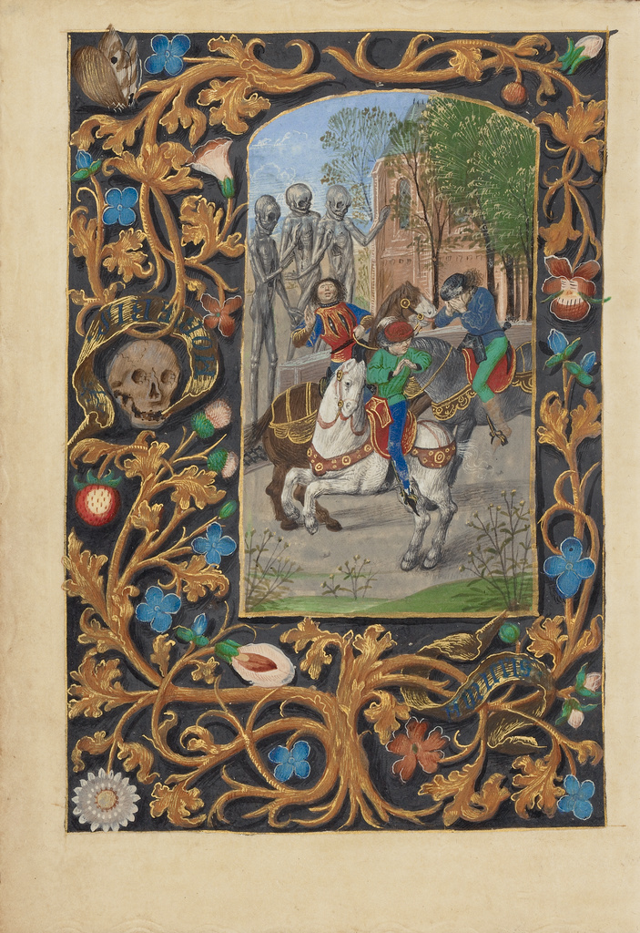 The Three Living and the Three Dead; Master of the Dresden Prayer Book or workshop (Flemish, active about 1480 - 1515); Bruges, Belgium; about 1480 - 1485 ?; Tempera colors and gold on parchment; Leaf: 20.5 x 14.8 cm (8 1/16 x 5 13/16 in.); Ms. 23, fol. 146v No description of this image is available.