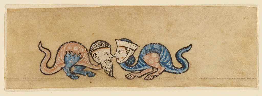 Marginal drollery; Unknown; Cambron, Belgium; about 1260 - 1270; Tempera colors on parchment; Leaf: 3.2 × 9.5 cm (1 1/4 × 3 3/4 in.); Ms. Ludwig VI 5, leaf 23 No description of this image is available.