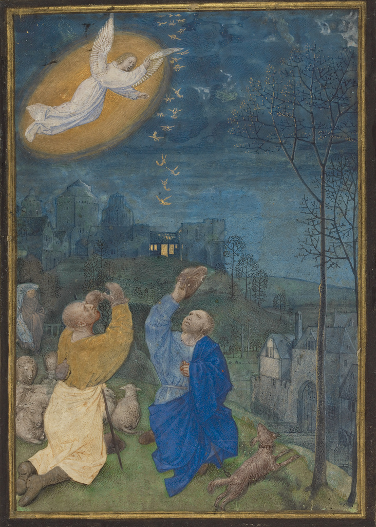 The Annunciation to the Shepherds; Master of the Houghton Miniatures (Flemish, active about 1476 - 1480); Ghent (probably), Belgium; late 1470s - about 1480; Tempera colors and gold paint on parchment; Leaf: 12.5 x 9 cm (4 15/16 x 3 9/16 in.); Ms. 60, recto No description of this image is available.