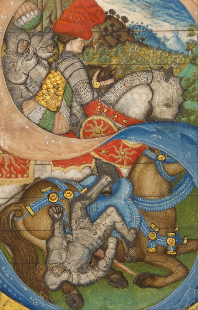 Initial S: The Conversion of Saint Paul; Attributed to Pisanello (Italian, by 1395 - about 1455), Attributed to the Master of the Antiphonal Q of San Giorgio Maggiore (Italian, about 1440 - about 1470); Veneto (probably), Italy; about 1440 - 1450; Tempera colors, gold leaf, gold paint, silver leaf, and ink on parchment; Leaf: 14.1 x 8.9 cm (5 9/16 x 3 1/2 in.); Ms. 41, verso No description of this image is available.