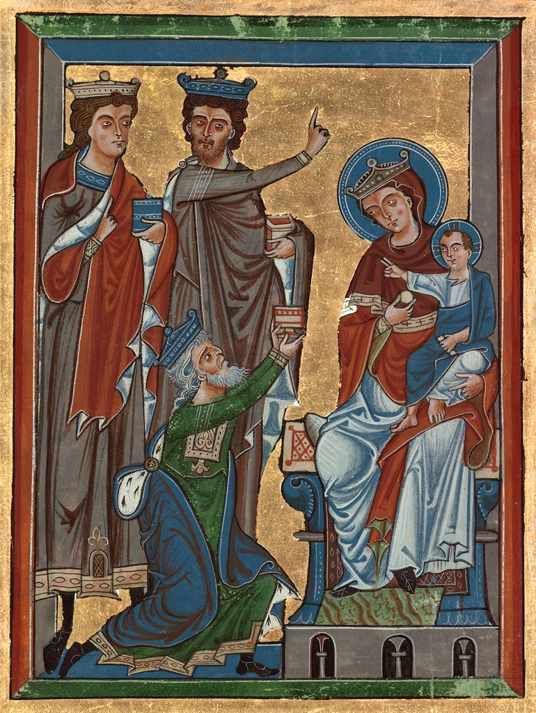 The Adoration of the Magi; Unknown; Würzburg, Germany; about 1240; <term>Tempera</term> colors and <term>gold leaf</term> on <term>parchment</term>; Leaf: 17.8 × 13.5 cm (7 × 5 5/16 in.); Ms. 4, leaf 2 No description of this image is available.