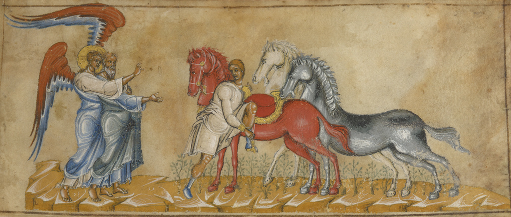 The Vision of Zechariah; Unknown; Sicily, Italy; about 1300; Tempera colors and gold on parchment; Leaf: 7.3 x 17.5 cm (2 7/8 x 6 7/8 in.); Ms. 35, leaf 2 No description of this image is available.