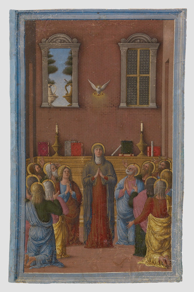 Pentecost; Girolamo da Cremona (Italian, active about 1450 - 1485); Mantua (possibly), Italy; about 1460 - 1470; Tempera colors and gold paint on parchment; Leaf: 20.1 x 12.9 cm (7 15/16 x 5 1/16 in.); Ms. 55, recto No description of this image is available.