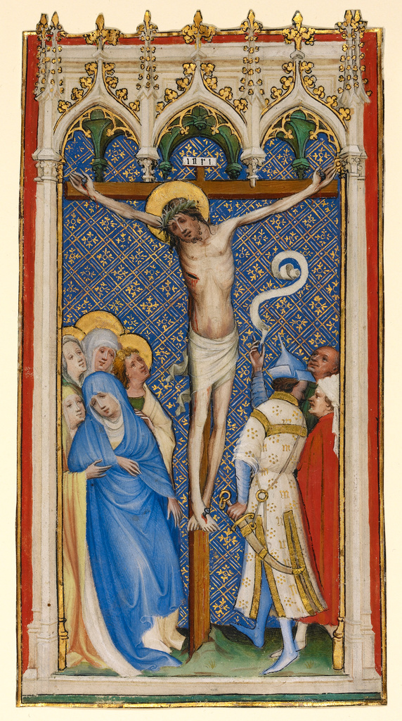 The Crucifixion; Master of St. Veronica (German, active about 1395 - 1415); Cologne, Germany, Europe; about 1400–1410; Tempera colors, gold paint, and gold leaf on parchment; Leaf: 23.7 × 12.4 cm (9 5/16 × 4 7/8 in.); Ms. Ludwig Folia 2, leaf 1 No description of this image is available.