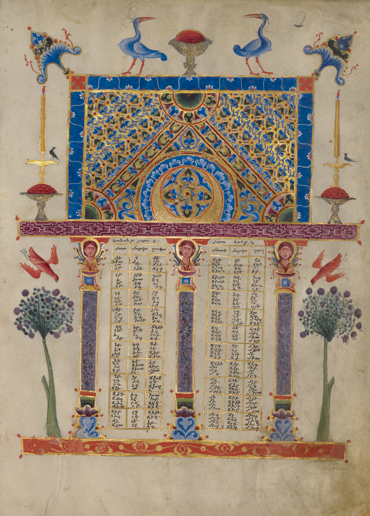 Canon Table Page; T'oros Roslin (Armenian, active 1256 - 1268), T'oros Roslin (Armenian, active 1256 - 1268); Hromklay, Armenia; 1256; Tempera and gold paint on parchment; Leaf: 26.5 x 19 cm (10 7/16 x 7 1/2 in.); Ms. 59, fol. 2 No description of this image is available.