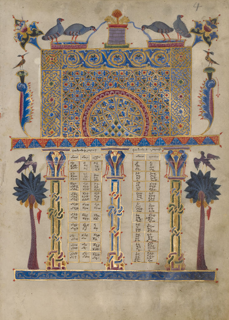Canon Table Page; T'oros Roslin (Armenian, active 1256 - 1268), T'oros Roslin (Armenian, active 1256 - 1268); Hromklay, Armenia; 1256; Tempera and gold paint on parchment; Leaf: 26.5 x 19 cm (10 7/16 x 7 1/2 in.); Ms. 59, fol. 4 No description of this image is available.