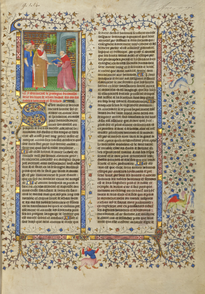 The Presentation of the Book to a King; Unknown; Paris, France; about 1413 - 1415; Tempera colors, gold leaf, gold paint, and ink on parchment; Leaf: 42 x 29.6 cm (16 9/16 x 11 5/8 in.); Ms. 63, fol. 1 No description of this image is available.