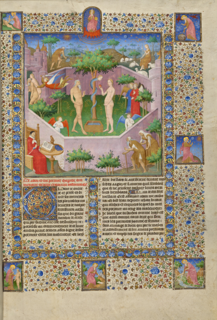 The Story of Adam and Eve; Boucicaut Master (French, active about 1390 - 1430); Paris, France; about 1413 - 1415; Tempera colors, gold leaf, gold paint, and ink on parchment; Leaf: 42 x 29.6 cm (16 9/16 x 11 5/8 in.); Ms. 63, fol. 3 No description of this image is available.
