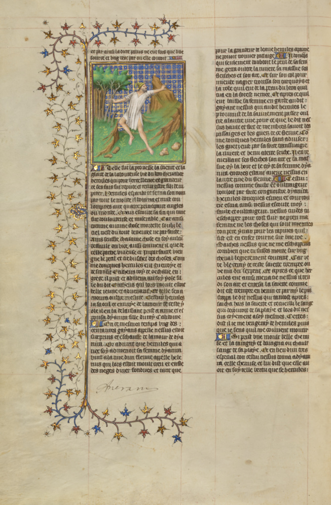 Hercules Poisoned by the Shirt of Nessus; Unknown; Paris, France; about 1413 - 1415; Tempera colors, gold leaf, gold paint, and ink on parchment; Leaf: 42 × 29.6 cm (16 9/16 × 11 5/8 in.); Ms. 63, fol. 18v No description of this image is available.