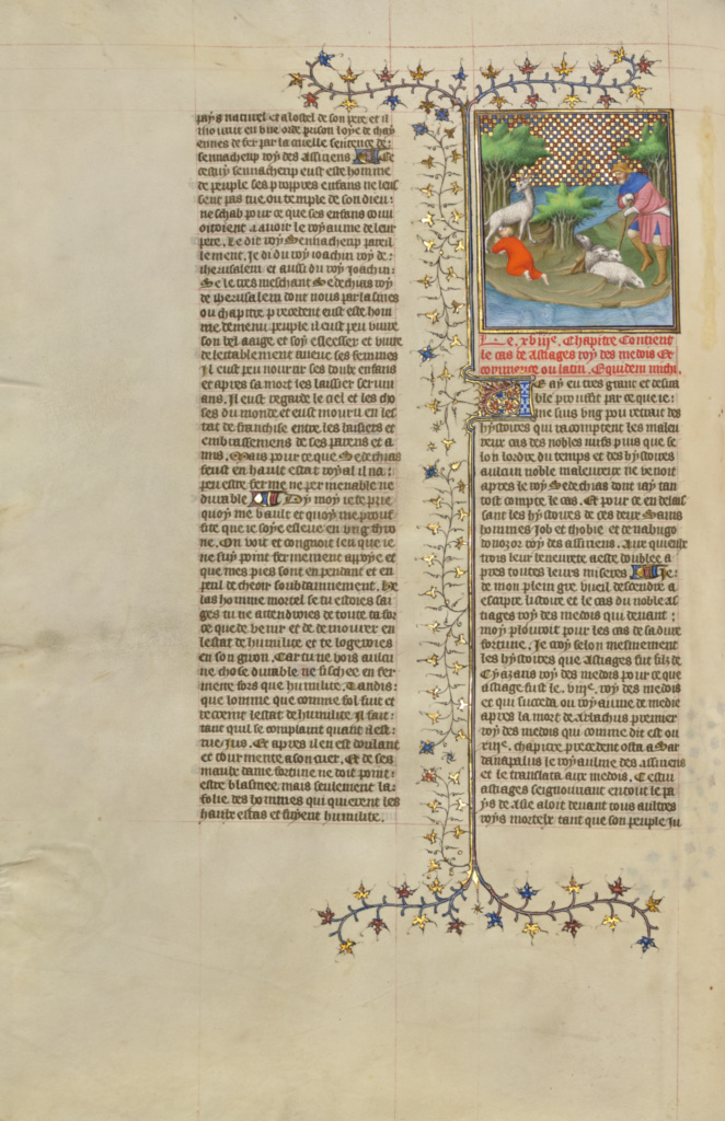 Cyrus, the Grandson of Astyages, King of the Medes, Given Suck by a Wild Animal; Unknown; Paris, France; about 1413 - 1415; Tempera colors, gold leaf, gold paint, and ink on parchment; Leaf: 42 x 29.6 cm (16 9/16 x 11 5/8 in.); Ms. 63, fol. 51v No description of this image is available.