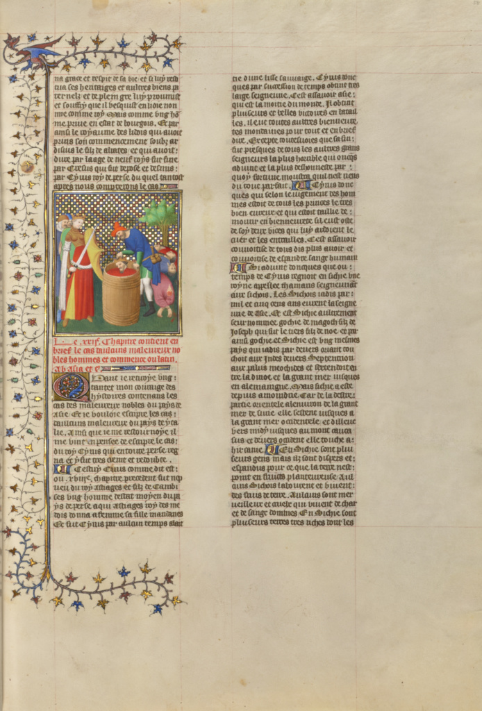 Cyrus the Great, Founder of the Persian Empire, killed by Thamaris, Queen of the Massagetai; Boucicaut Master Illuminator (French, active about 1390 - 1430); Paris, France; about 1413 - 1415; Tempera colors, gold leaf, gold paint, and ink on parchment; Leaf: 42 x 29.6 cm (16 9/16 x 11 5/8 in.); Ms. 63, fol. 58 No description of this image is available.