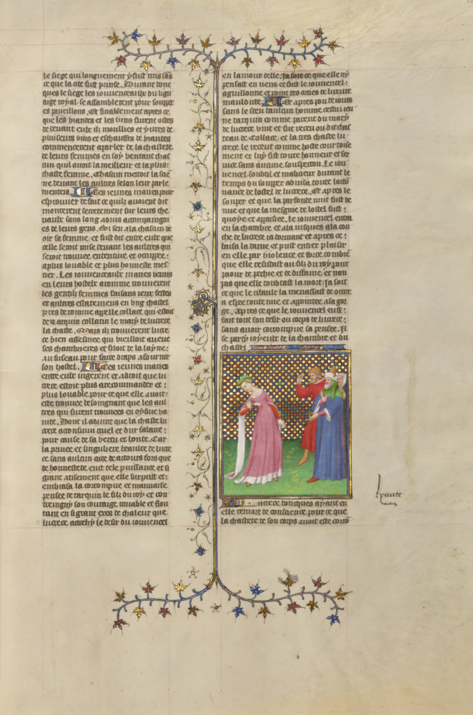 The Suicide of Lucretia; Unknown; Paris, France; about 1413 - 1415; Tempera colors, gold leaf, gold paint, and ink on parchment; Leaf: 42 x 29.6 cm (16 9/16 x 11 5/8 in.); Ms. 63, fol. 68 No description of this image is available.
