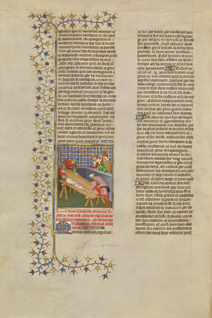The Death of the Roman Consul Marcus Atilius Regulus; Unknown; Paris, France; about 1413 - 1415; Tempera colors, gold leaf, gold paint, and ink on parchment; Leaf: 42 x 29.6 cm (16 9/16 x 11 5/8 in.); Ms. 63, fol. 140v No description of this image is available.