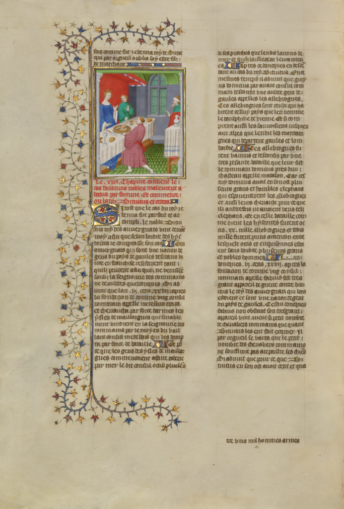 Cleopatra Presented with the Head and Limbs of Her Own Child; Unknown; Paris, France; about 1413 - 1415; Tempera colors, gold leaf, gold paint, and ink on parchment; Leaf: 42 × 29.6 cm (16 9/16 × 11 5/8 in.); Ms. 63, fol. 168v No description of this image is available.