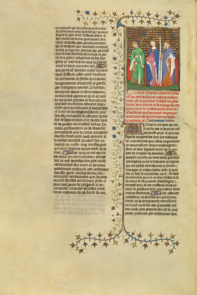 Tiberius, Messalina, and Caligula Reproach One Another in the Midst of Flames; Unknown; Paris, France; about 1413 - 1415; Tempera colors, gold leaf, gold paint, and ink on parchment; Leaf: 42 x 29.6 cm (16 9/16 x 11 5/8 in.); Ms. 63, fol. 218v No description of this image is available.