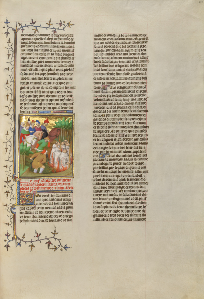 The Knights Templar Burned in the Presence of Philip the Fair and His Courtiers; Boucicaut Master Illuminator (French, active about 1390 - 1430); Paris, France; about 1413 - 1415; Tempera colors, gold leaf, gold paint, and ink on parchment; Leaf: 42 x 29.6 cm (16 9/16 x 11 5/8 in.); Ms. 63, fol. 307 No description of this image is available.