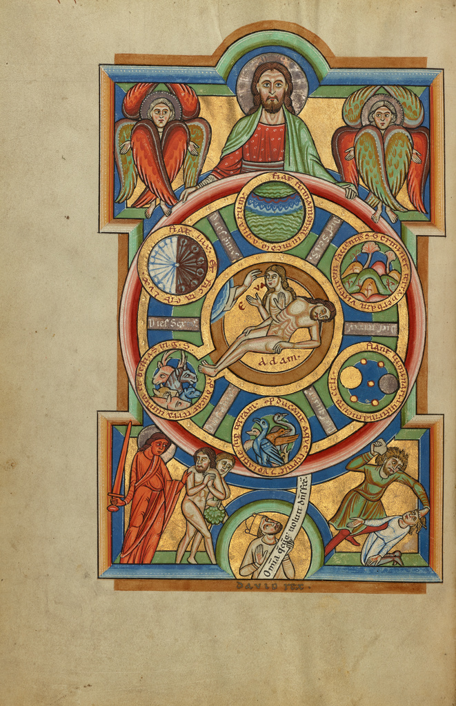 The Creation of the World; Unknown; Hildesheim, Germany; probably 1170s; Tempera colors, gold leaf, silver leaf, and ink on parchment; Leaf: 28.2 x 18.9 cm (11 1/8 x 7 7/16 in.); Ms. 64, fol. 10v No description of this image is available.