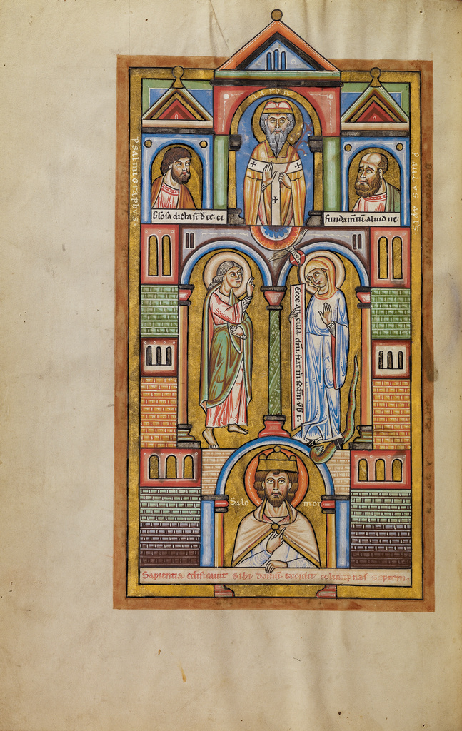 The Annunciation; Unknown; Hildesheim, Germany; probably 1170s; Tempera colors, gold leaf, silver leaf, and ink on parchment; Leaf: 28.2 x 18.9 cm (11 1/8 x 7 7/16 in.); Ms. 64, fol. 11v No description of this image is available.