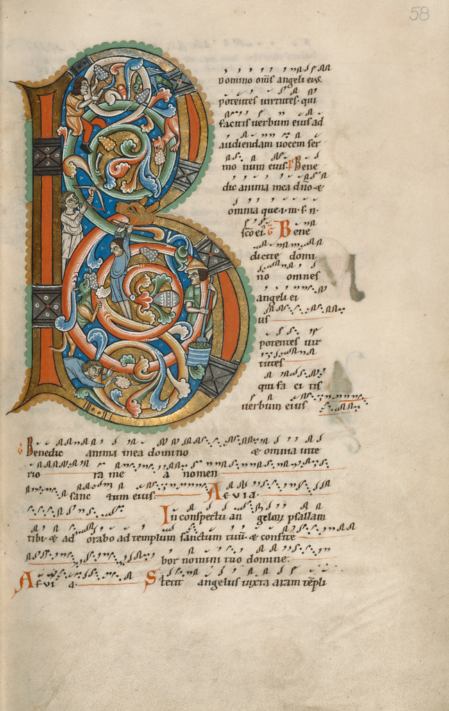 Inhabited Initial B; Unknown; Hildesheim, Germany; probably 1170s; Tempera colors, gold leaf, silver leaf, and ink on parchment; Leaf: 28.2 x 18.9 cm (11 1/8 x 7 7/16 in.); Ms. 64, fol. 58 No description of this image is available.